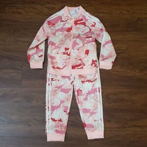 Adidas Pink Camouflage Monstera Floral Tropical Chic Track Suit Set Size 3-4Y